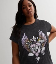 New Look Curves Black Acid Wash Brooklyn Heart Wings Logo T-Shirt